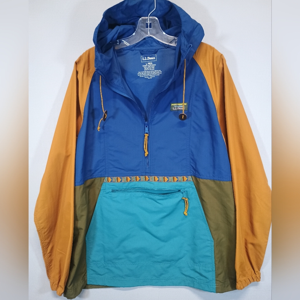 L.L.Bean Women’s Large Regular Colorblock Hooded Anorak Windbreaker Blue Mustard